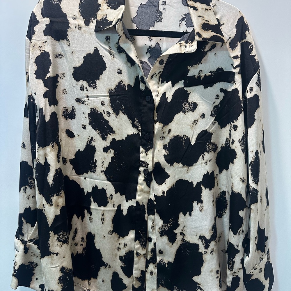 Vici Black and White Cow Print Button-Up top